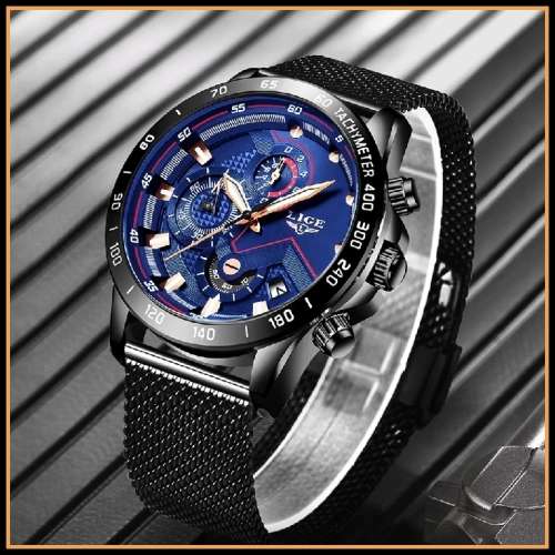 Relogio Masculion*BLUE DIAL ~ BLACK STRAP~ LIGE 9929-*  Steel *6 Hands* Chronograph Watch Men