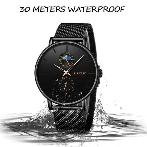 LIGE 9955 - Milan Stainless Steel Mesh Strap Multifunction( Moon Phase )