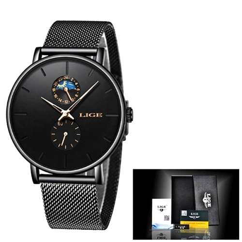 LIGE 9955 - Milan Stainless Steel Mesh Strap Multifunction( Moon Phase )