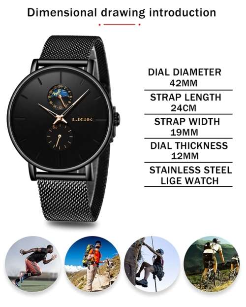 LIGE 9955 - Milan Stainless Steel Mesh Strap Multifunction( Moon Phase )
