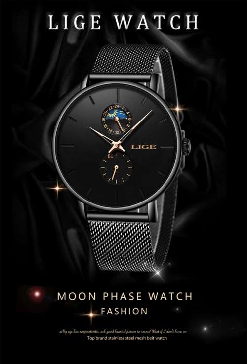 LIGE 9955 - Milan Stainless Steel Mesh Strap Multifunction( Moon Phase )