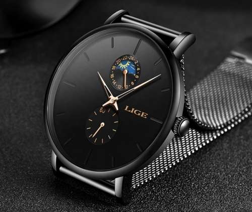 LIGE 9955 - Milan Stainless Steel Mesh Strap Multifunction( Moon Phase )
