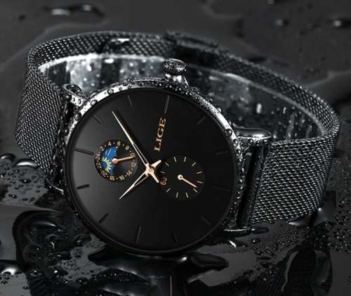 LIGE 9955 - Milan Stainless Steel Mesh Strap Multifunction( Moon Phase )