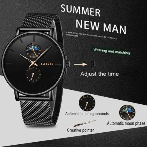 LIGE 9955 - Milan Stainless Steel Mesh Strap Multifunction( Moon Phase )
