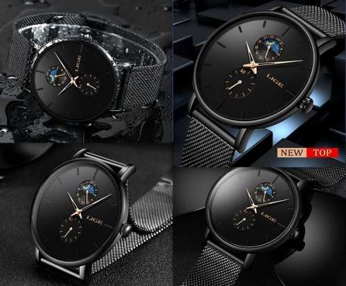 LIGE 9955 - Milan Stainless Steel Mesh Strap Multifunction( Moon Phase )