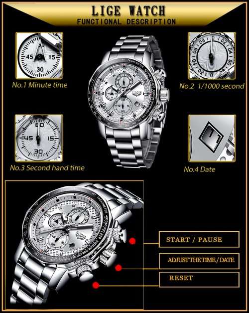 *BIG,HEAVY- ALL STEEL,* DEEP DISH* LIGE  9902 Quality*6 Hands* Chronograph Watch *FULL HOUSE!