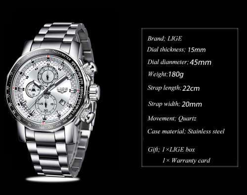 *BIG,HEAVY- ALL STEEL,* DEEP DISH* LIGE  9902 Quality*6 Hands* Chronograph Watch *FULL HOUSE!