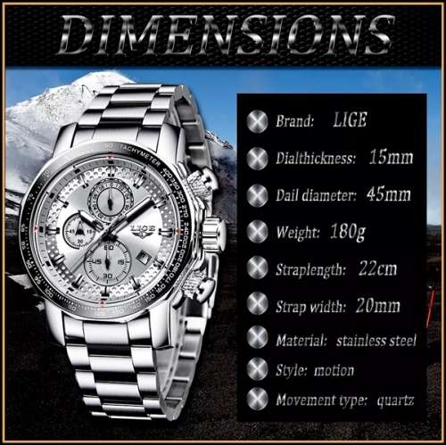 *BIG,HEAVY- ALL STEEL,* DEEP DISH* LIGE  9902 Quality*6 Hands* Chronograph Watch *FULL HOUSE!