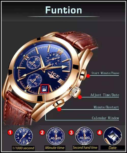 ** CLASSIC -  Relogio Masculion LIGE 9839-*Top Luxury Leather Band *6 Hands-* Chronograph Watch