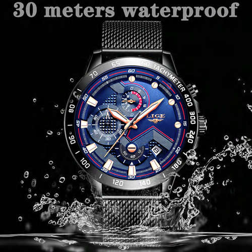 Relogio Masculion*BLUE DIAL ~ BLACK STRAP~ LIGE 9929-*  Steel *6 Hands* Chronograph Watch Men