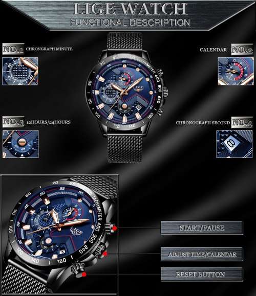 Relogio Masculion*BLUE DIAL ~ BLACK STRAP~ LIGE 9929-*  Steel *6 Hands* Chronograph Watch Men