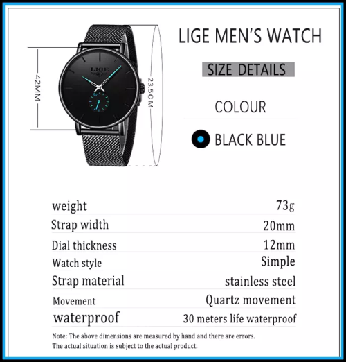 LIGE 9955 - Milan Stainless Steel Mesh Strap Blue/Black Watch