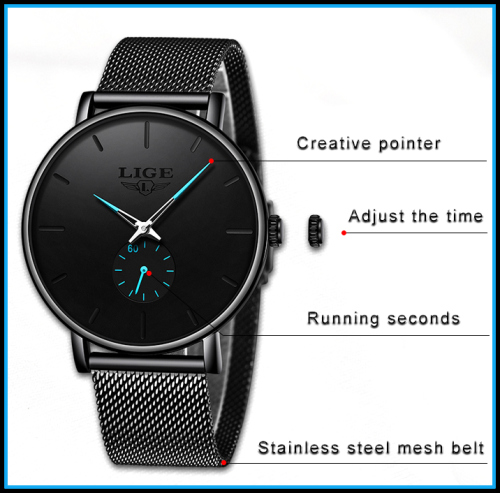 LIGE 9955 - Milan Stainless Steel Mesh Strap Blue/Black Watch