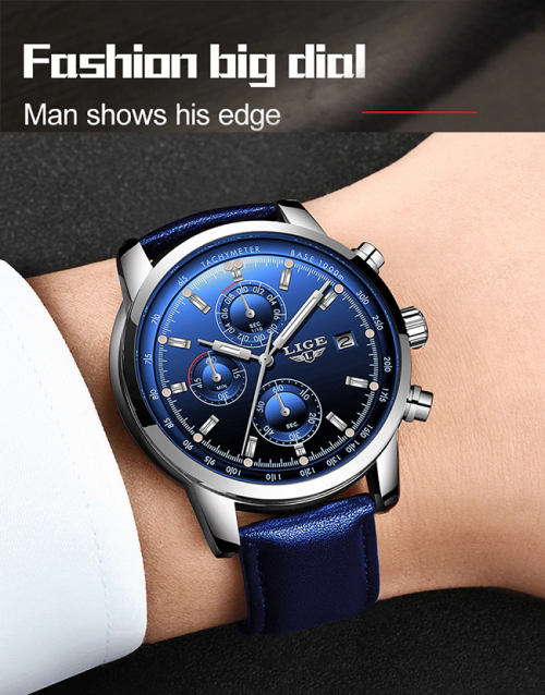 Top LIGE9927* Stainless Steel Case* Multifunction * Leather Strap * Business watch*Blue or Black