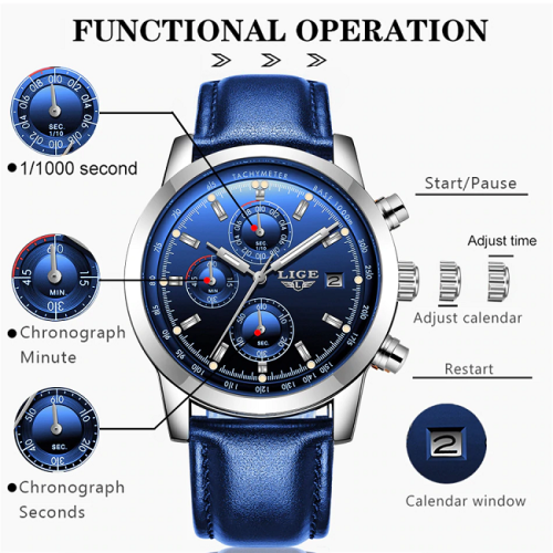 Top LIGE9927* Stainless Steel Case* Multifunction * Leather Strap * Business watch*Blue or Black