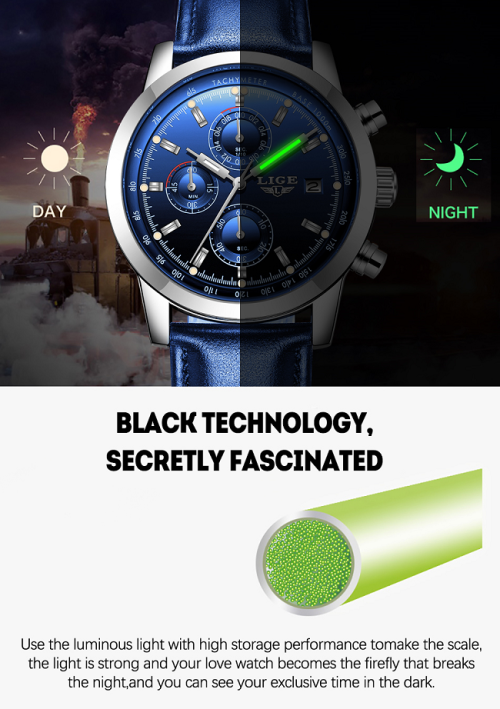Top LIGE9927* Stainless Steel Case* Multifunction * Leather Strap * Business watch*Blue or Black