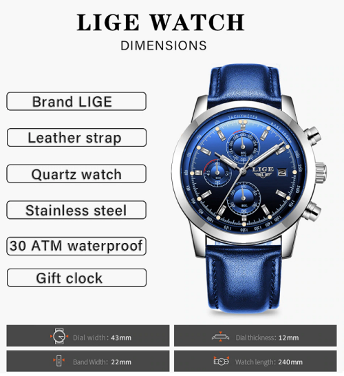 Top LIGE9927* Stainless Steel Case* Multifunction * Leather Strap * Business watch*Blue or Black