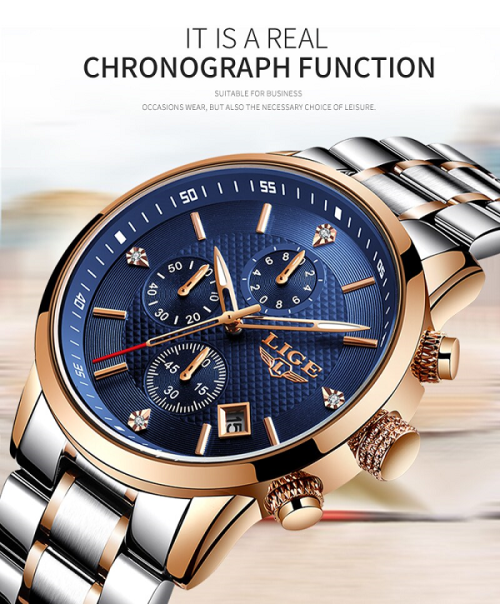 ** LIGE10012*  ** CLASSIC -Quality Built Top Luxury FULL Steel *6 Hands* Chronograph Watch