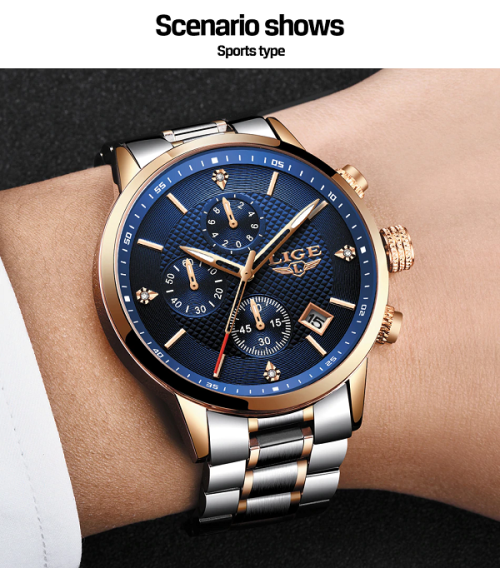 ** LIGE10012*  ** CLASSIC -Quality Built Top Luxury FULL Steel *6 Hands* Chronograph Watch