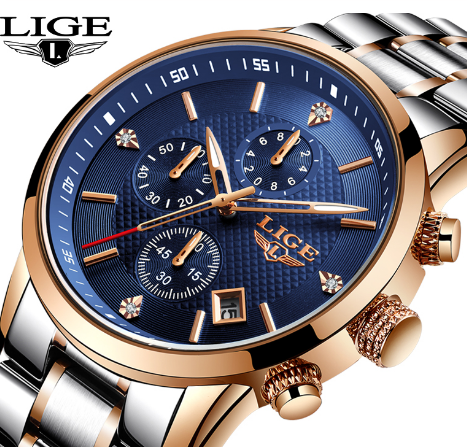 ** LIGE10012*  ** CLASSIC -Quality Built Top Luxury FULL Steel *6 Hands* Chronograph Watch