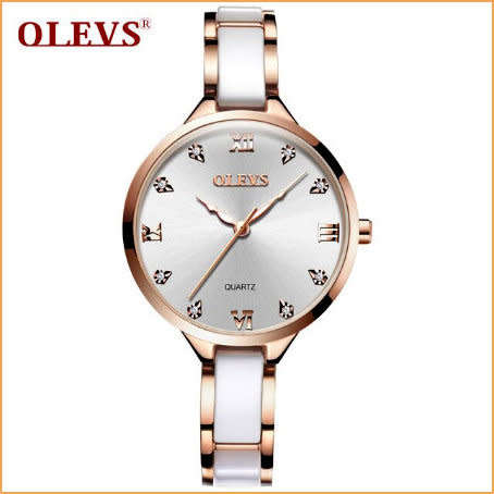 OLEVS  5872-Top Brand Luxury Waterproof Ceramic & Stainless Steel Strap Watch- WHITE