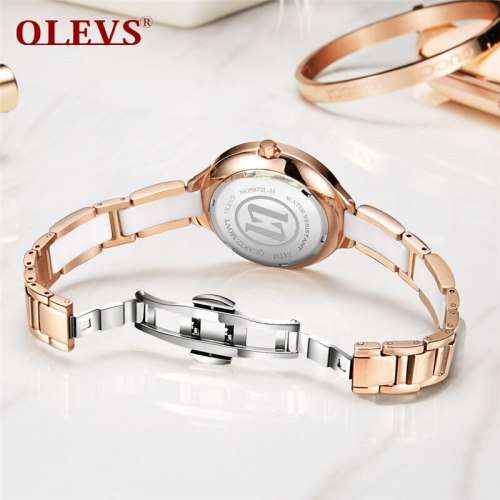 OLEVS  5872-Top Brand Luxury Waterproof Ceramic & Stainless Steel Strap Watch- WHITE