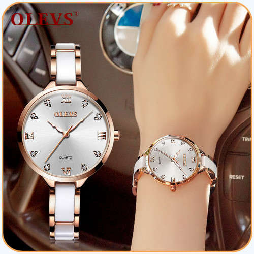 OLEVS  5872-Top Brand Luxury Waterproof Ceramic & Stainless Steel Strap Watch- WHITE
