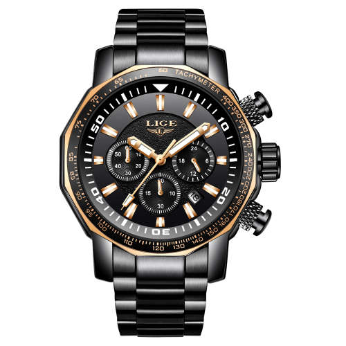 *BIG,HEAVY- ALL STEEL,* DEEP DISH* LIGE  9871 Quality*6 Hands* Chronograph Watch *FULL HOUSE!