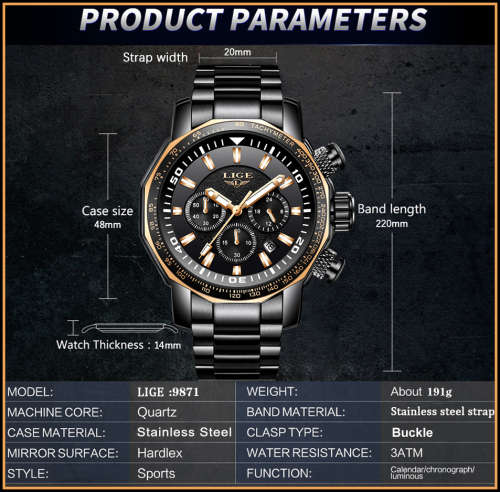 *BIG,HEAVY- ALL STEEL,* DEEP DISH* LIGE  9871 Quality*6 Hands* Chronograph Watch *FULL HOUSE!