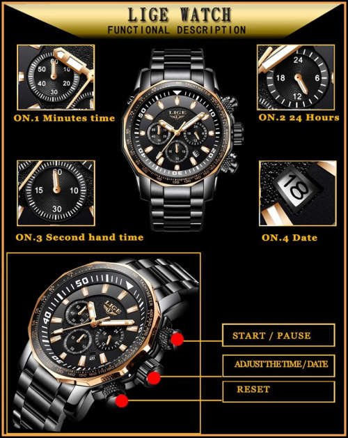 *BIG,HEAVY- ALL STEEL,* DEEP DISH* LIGE  9871 Quality*6 Hands* Chronograph Watch *FULL HOUSE!