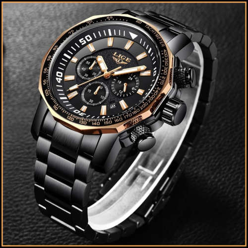 *BIG,HEAVY- ALL STEEL,* DEEP DISH* LIGE  9871 Quality*6 Hands* Chronograph Watch *FULL HOUSE!