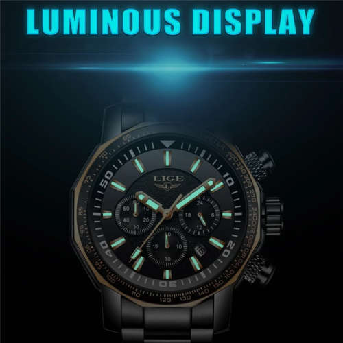 *BIG,HEAVY- ALL STEEL,* DEEP DISH* LIGE  9871 Quality*6 Hands* Chronograph Watch *FULL HOUSE!