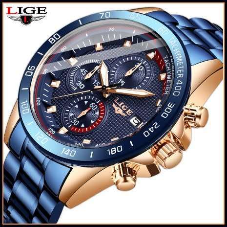 *CLASSIC- ALL STEEL,* DEEP DISH* LIGE  9994  Quality*6 Hands* Chronograph Watch *FULL HOUSE!