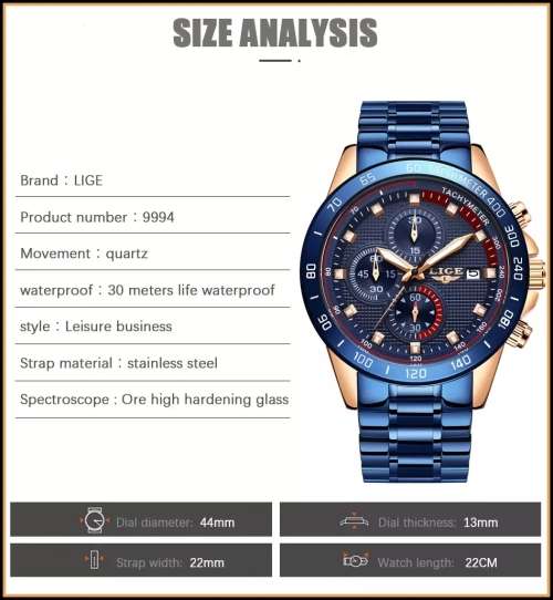 *CLASSIC- ALL STEEL,* DEEP DISH* LIGE  9994  Quality*6 Hands* Chronograph Watch *FULL HOUSE!