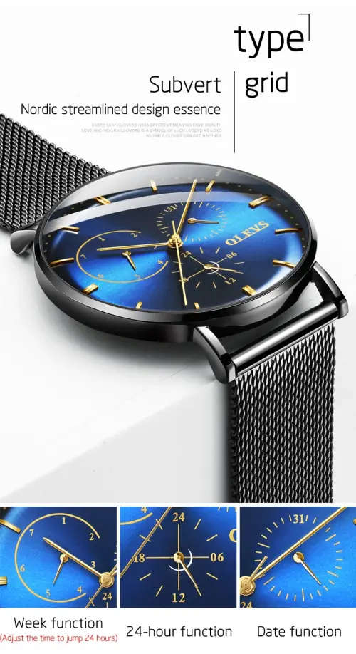 OLEVS  5880 -*UNISEX* MilanTop Brand Luxury Waterproof Ultra Thin Steel Blue/Black Watch