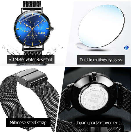 OLEVS  5880 -*UNISEX* MilanTop Brand Luxury Waterproof Ultra Thin Steel Blue/Black Watch
