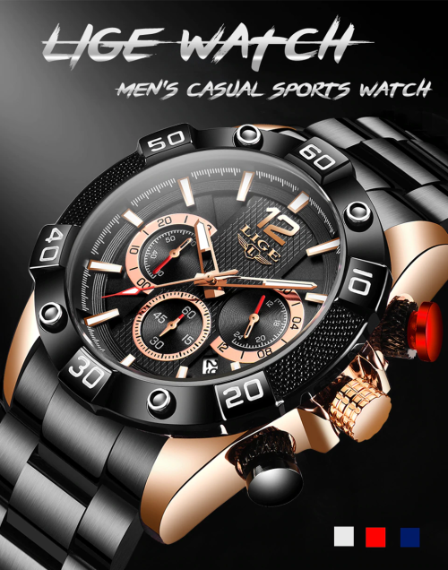 CLASSIC - Business Men LIGE 10030  Luxury * FULL* Steel *6 Hands* Chronograph Watch Men- FULL HOUSE*