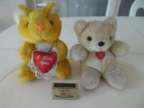 2 - vintage teddy bears with I love you heart soft toys