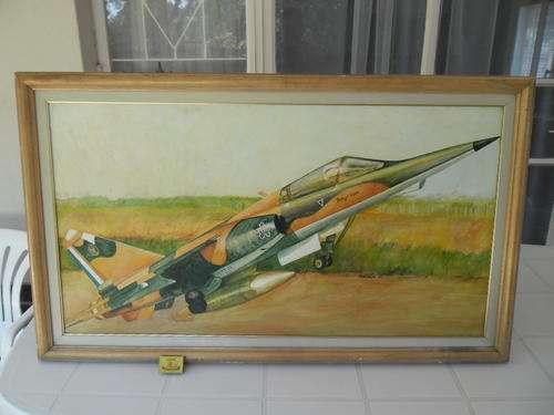 vintage large painting of a Mirage aircraft done by artist Marietjie ' 87