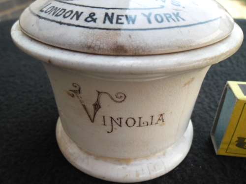 A Vinolia Shaving soap pot and lid see condition with cracks postnet postage R120