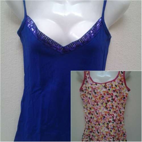 2 tops - blue strappy top with sequins on front (size XS) & colorful "fun" sleeveless top (size (S)