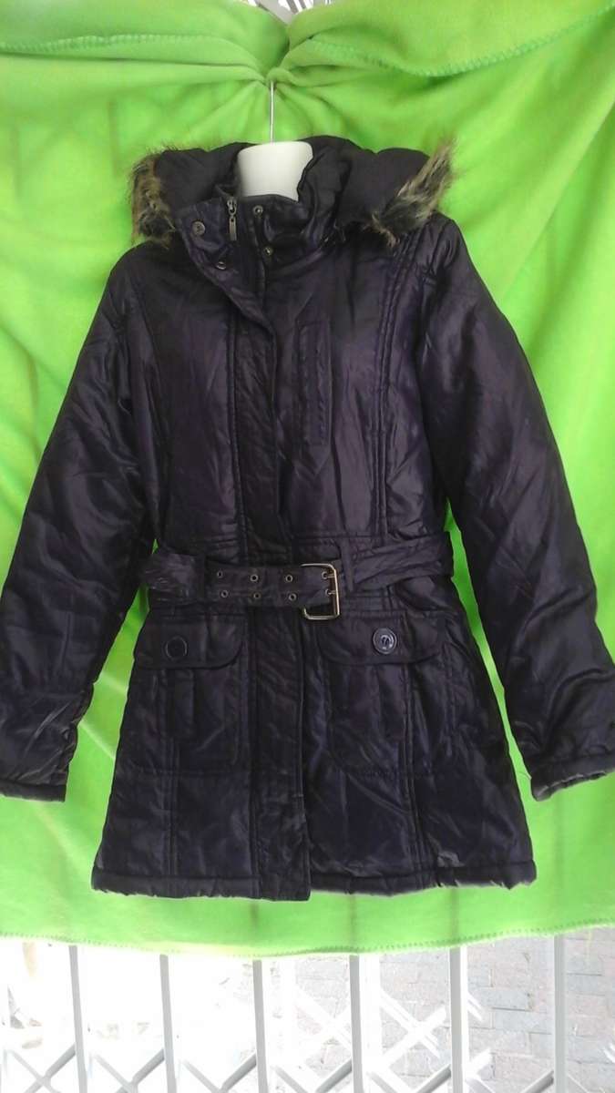 Women's long Purple padded winter jacket with faux fur hood - size S