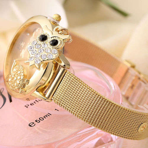 Owl Pendant Quartz Women Wrist Watches Stainless Steel Mesh Belt Ladies Wristwatch