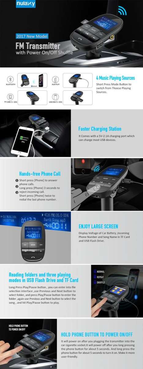 Nulaxy FM Transmitter Bluetooth FM Modulator Handsfree Car MP3 Player Support USB Flash Drive SD Car