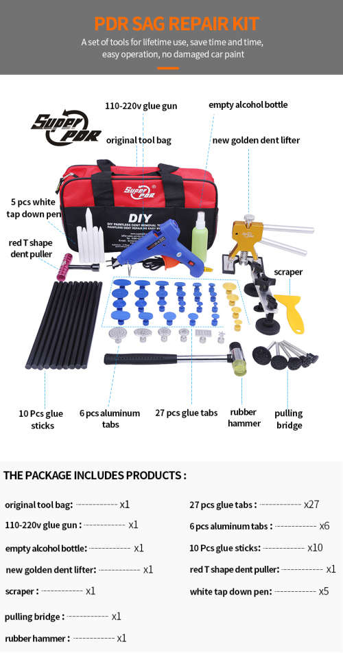 PDR Kit Tools Car Dent Repair Tool Dent Puller Hot Melt Glue Gun Pulling Bridge Rubber Hammer Paintl