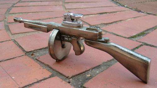 Chrome Cigarette Lighter shaped as a Thompson Sub-machine Gun