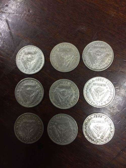 9 x Silver Threepence from 1951 to 1959