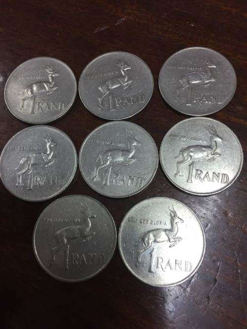 COLLECTION OF 8 x R1 NICKEL COINS (1977 TO 1979 , 1982 , 1987 TO 1990)