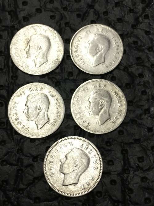 COLLECTION OF FIVE THREEPENCE (1941, 1942, 1943, 1945 & 1950) - 80% SILVER
