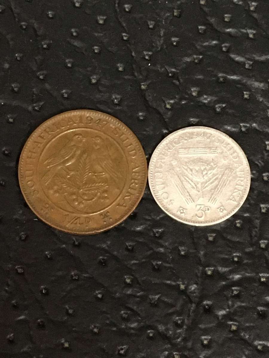 COLLECTION OF 2 UNION OF SOUTH AFRICA 1947 COINS (3D & 1/4D)